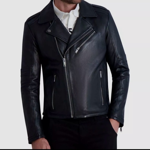 Karl Lagerfeld Mens Leather Biker Jacket A Symmetrical Multi Pocket Jacket XXL - Picture 1 of 16